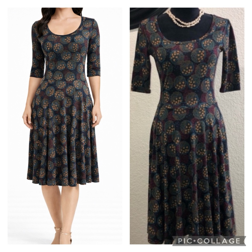 LuLaRoe Blue and Gold Patterned Midi Dress